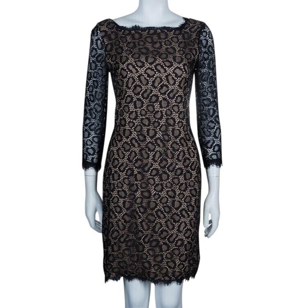 Diane von‎ Furstenberg Zarita Dress Size 10 Animal Print Lace Nude Black $698